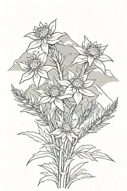 Edelweiss Flowers In Front Of Mountain Range Silhouette