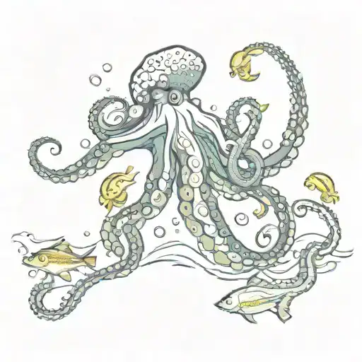 Octopus And Fish Swimming Upstream