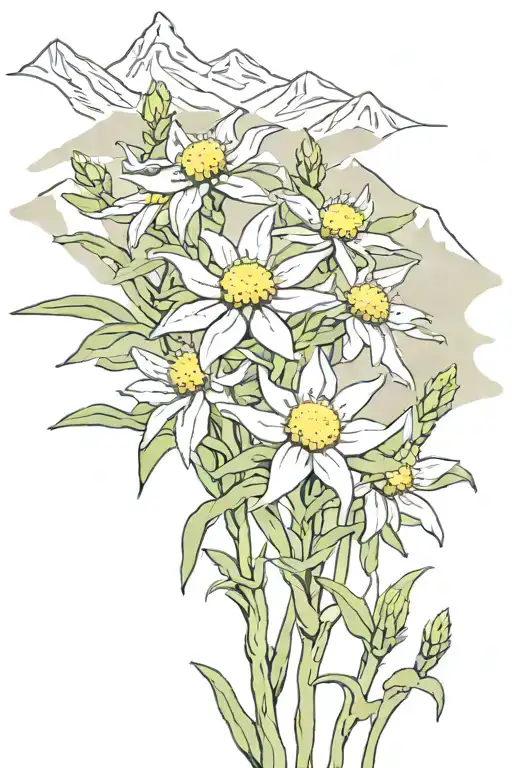 Field Of Edelweiss Flowers In Front Of Mountain Range