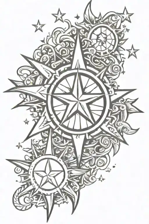 3 Stars And Sun Tattoo Design