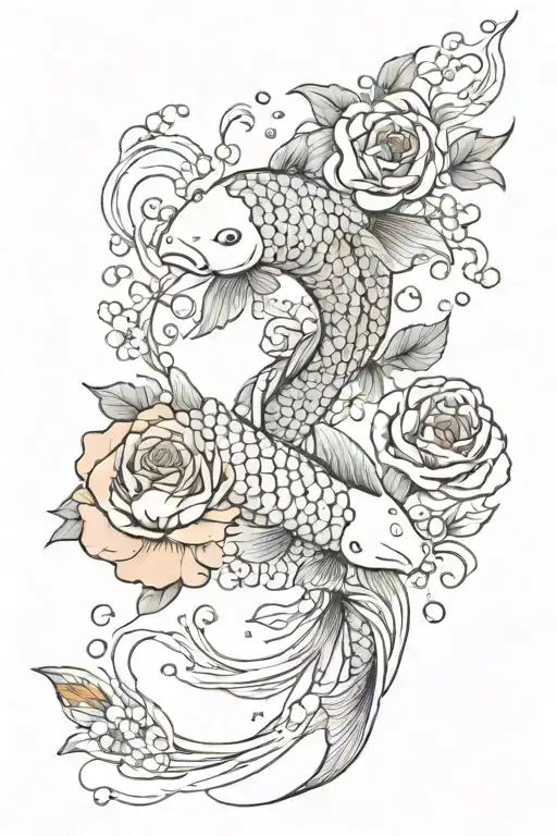 Single Koi Fish Swimming Upstream With Poppy Flowers And Roses