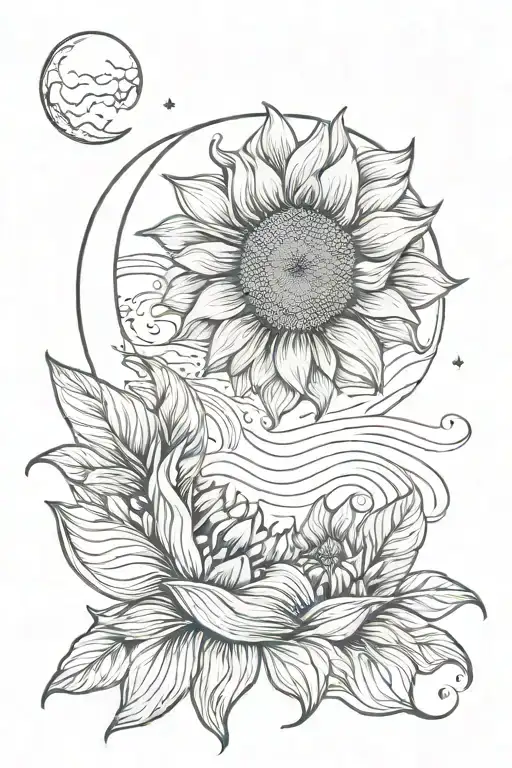 Half Sunflower With Sea Wave And Moon
