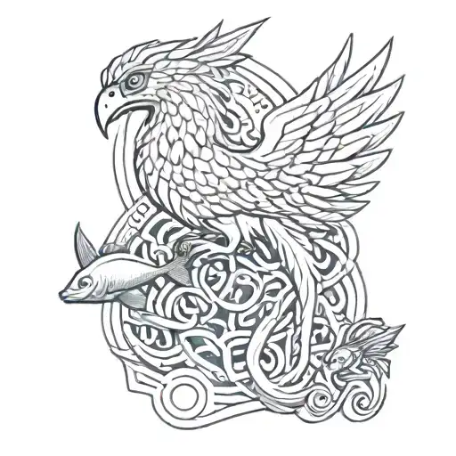 A Gryphon In The Cente Of A Labyrinth Protecting A Fish And Baby Lionfish