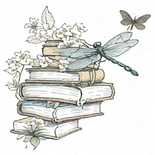 A Stack Of Books With The Top Book Open With A Dragonfly And Flowers Coming Out Of The Pages