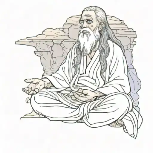 Old Wise Man With Long Hair Sitting On Rock In Lotus Pose With Hands On Laps