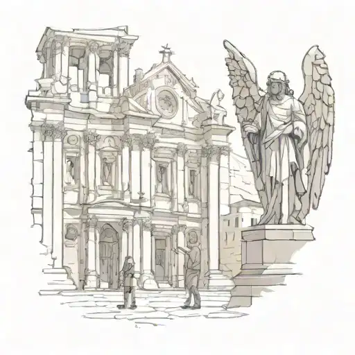 A Traveler Exploring Ancient Cathedrals With A Guardian Angel