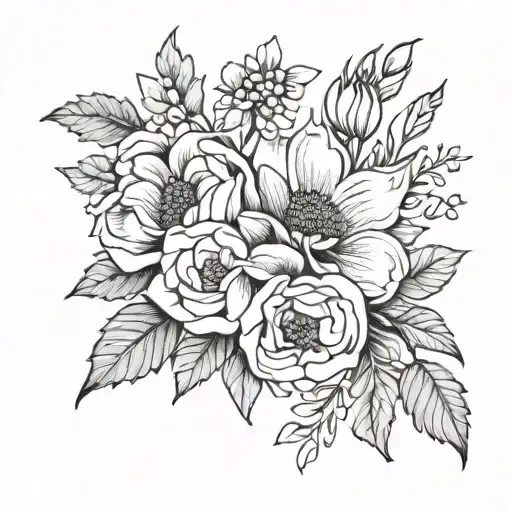 A Blackwork Minimalistic Tattoo Of A Bouquet Combining May And December Birth Flowers