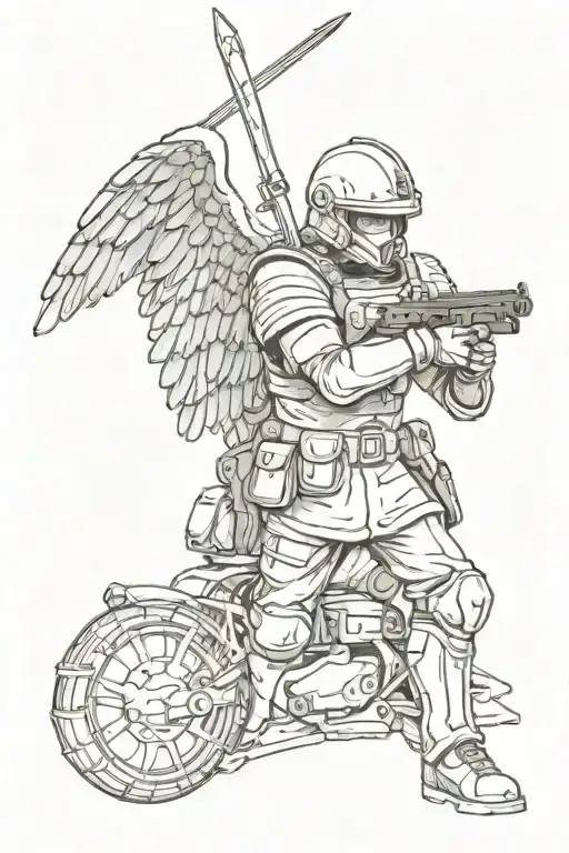 Combine A Guardian Angel With A Military Helmet Holding A Spear And A Gun
