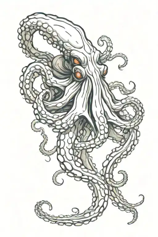 Horror Dark Octopus With Bloody Streaks From Its Eyes White Dragon
