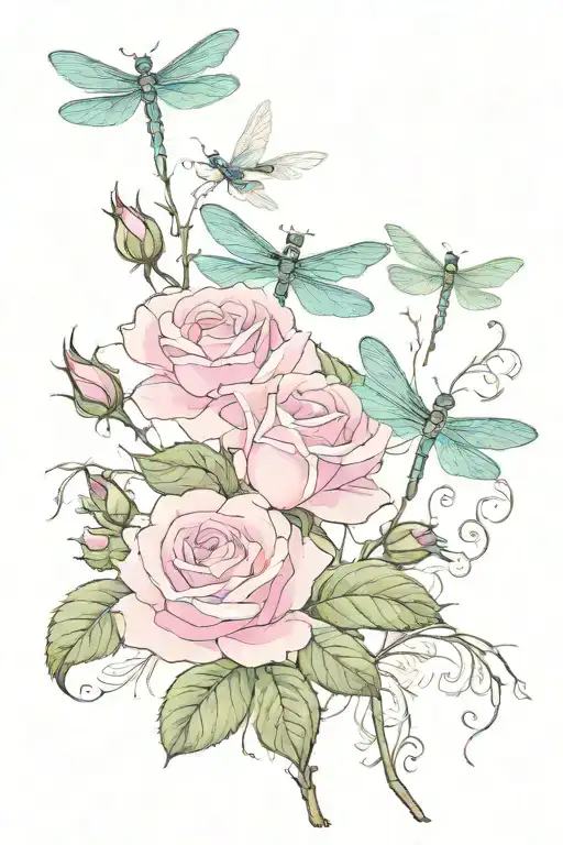 Pink Roses With One Blue Dragonfly Landing