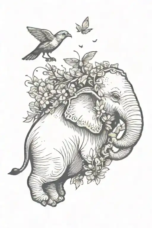 Elephant Head With Sparrow Flying
