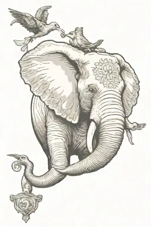 Elephant Head With Sparrow Holding