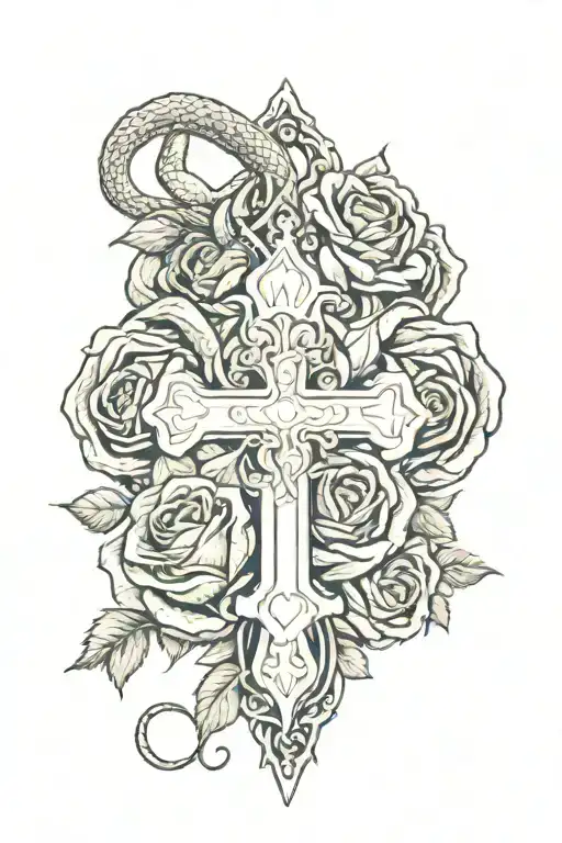 Cross Surrounded By Snake Slithering Inbetween 3 Roses