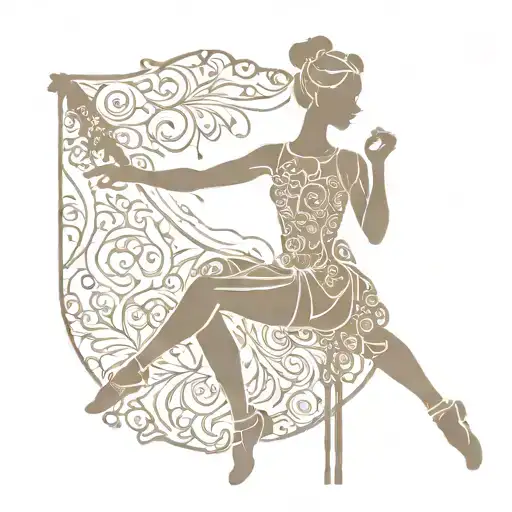 Sitting Ballerina Silhouette Stencil Opening A Curtain Skin From The Side Of Big Portrait