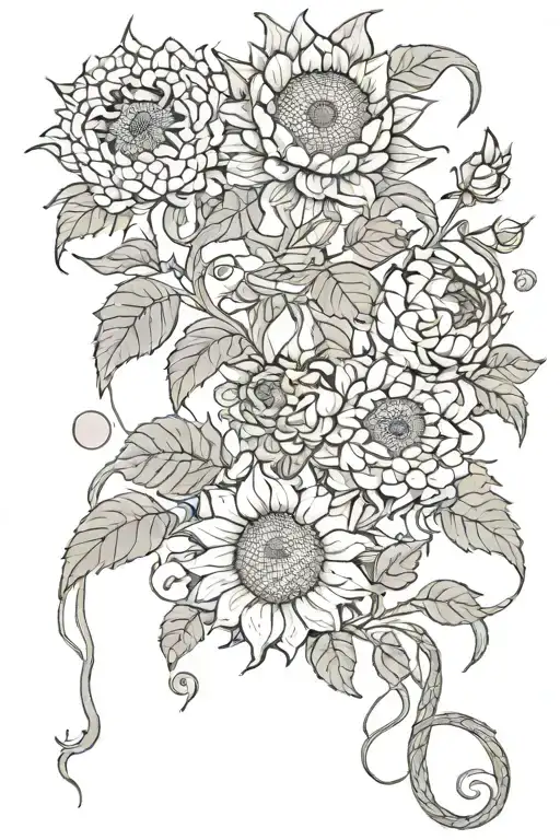 3 Sunflowers And A Peony Flowers Mixed With Moon Rising And Snake Weaving Through Flowers