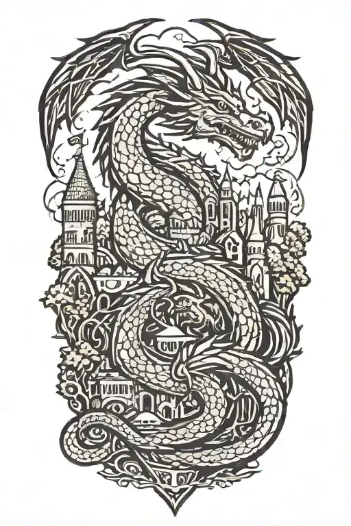 Dragon With Castle In The Backround