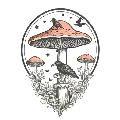 Colorful Mushroom With Ravens And Moon