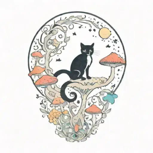 Moon With Black Cat And Colorful Mushrooms