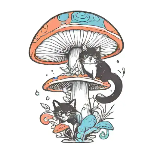 Colorful Mushroom With Black Cat