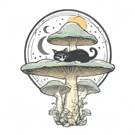 Colorful Mushroom With Black Cat And Moon