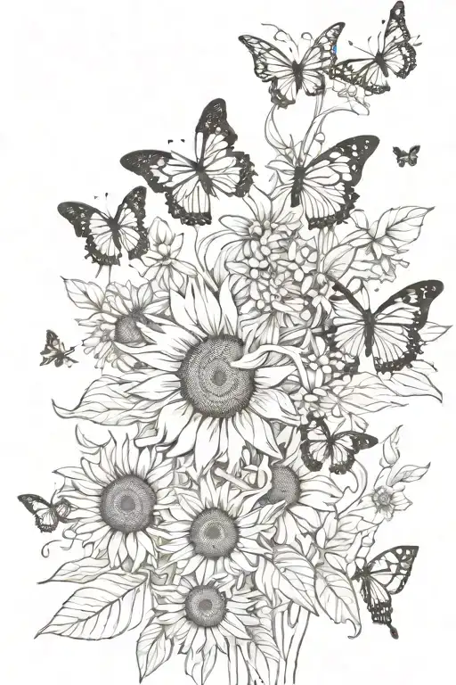 Sunflower And Butterflies And Flowers