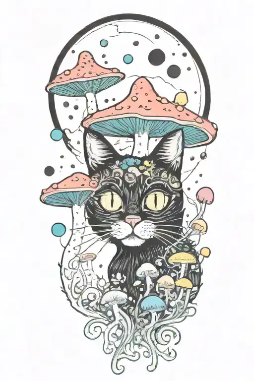 Black Cat With 3 Eye Balls And Trippy Colorful Mushrooms With Moon Melting