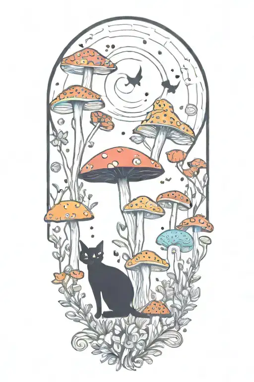 Black Cat And Trippy Colorful Mushrooms With Moon