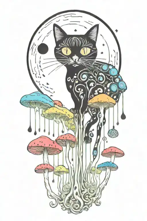 Black Cat With 3 Eye Balls And Trippy Colorful Mushrooms With Moon Melting