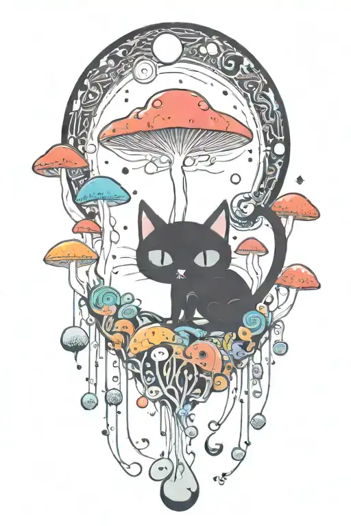 Black Cat With 3 Eye Balls And Trippy Colorful Mushrooms With Moon Melting