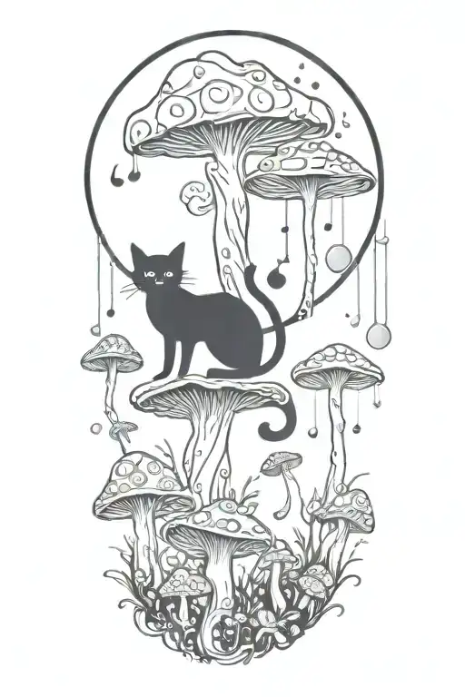 Black Cat And Trippy Colorful Mushrooms With Moon Melting