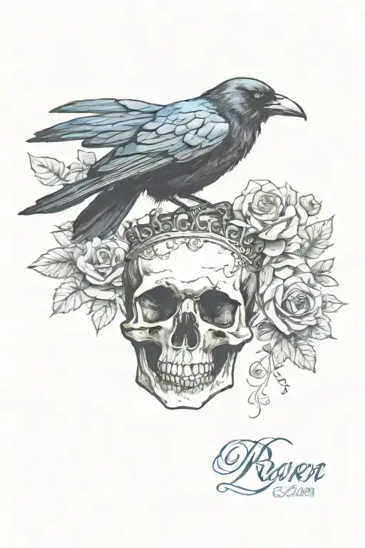 Raven Wearing Crown With Blue Rose And Skull