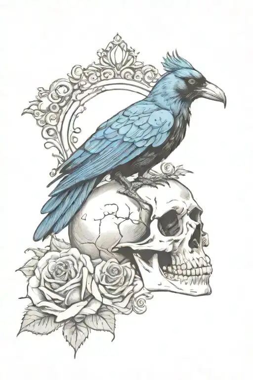 Raven Wearing Crown With Blue Rose And Skull