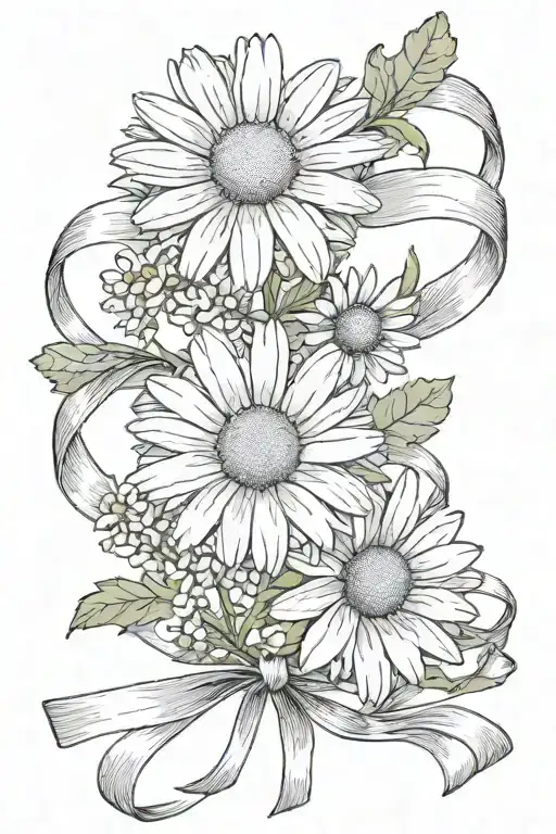 Daisy Flower And Hawthorn Flower Intertwined With A Ribbon Tied Around Them Together