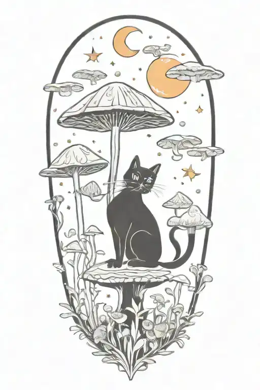 Black Cat And Trippy Colorful Mushrooms With Moon