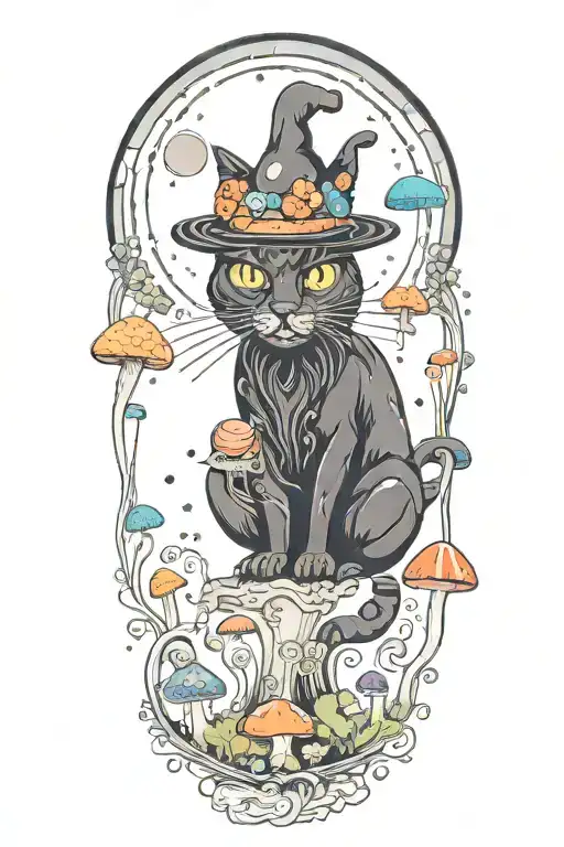 Black Cat With 3 Eye Balls And Trippy Colorful Mushrooms With Moon Melting