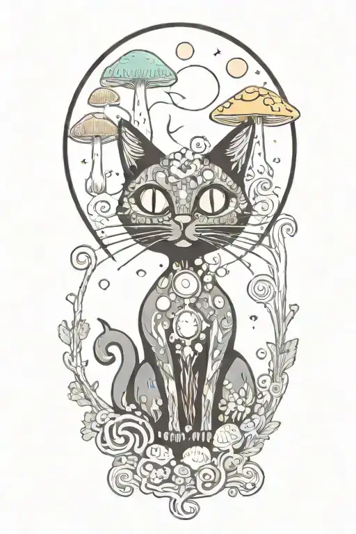 Black Cat With 3 Eye Balls And Trippy Colorful Mushrooms With Moon Melting