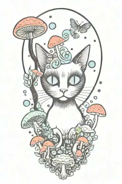 Black Cat With 3 Eye Balls And Trippy Colorful Mushrooms With Moon Melting