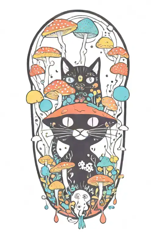 Black Cat With 3 Eye Balls And Trippy Colorful Mushrooms With Moon Melting