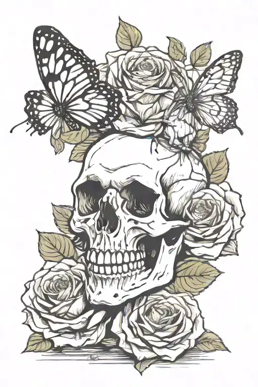 Skull Biting Rose With Butterfly