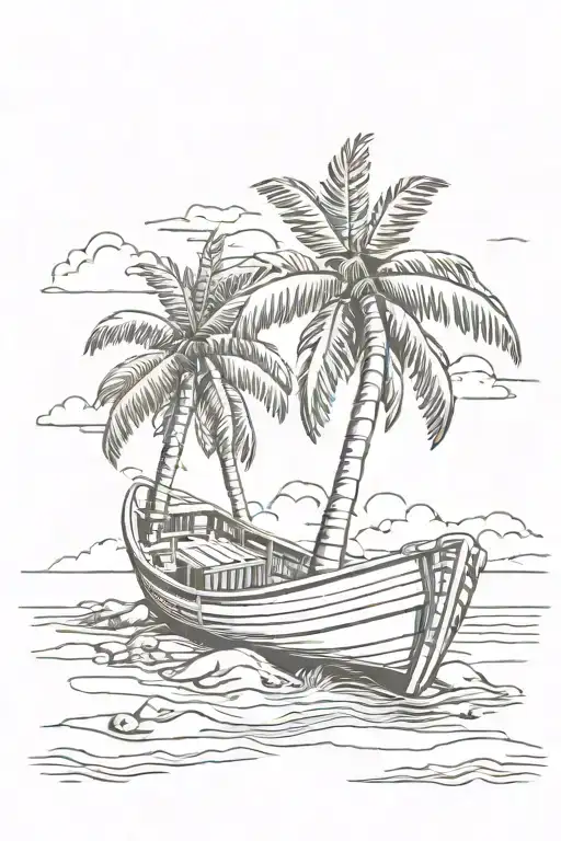 Wooden Boat On A Beach Scene With Palm Trees