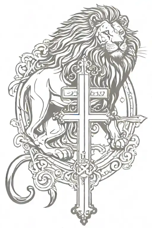 Cross With Realistic Lion Raw And Arabic Writing