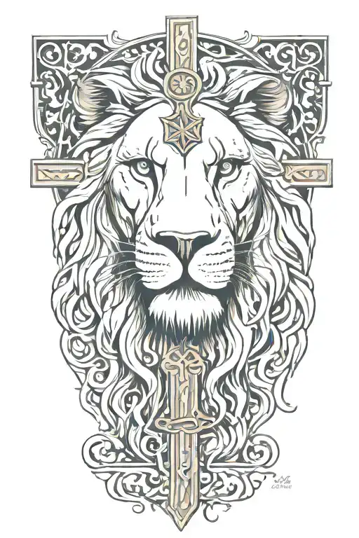 Cross Above With Realistic Lion Face Raw And Arabic Writing