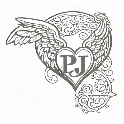 Heart With The Letters P And J Inside With A Halo Above The Heart And Angel Wings