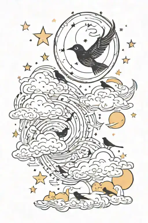 Sun And Moon And Stars And Clouds And Birds