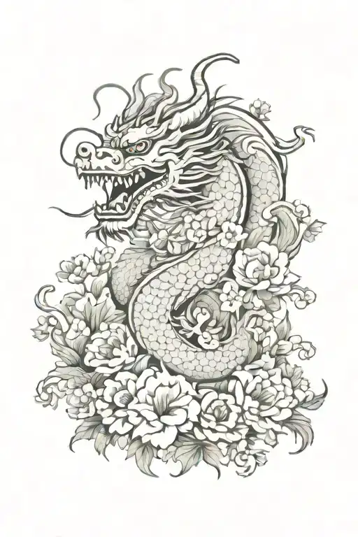 Chinese Dragon Surrounded By Flowers