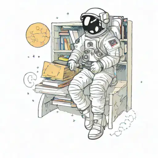 An Astronaut Sitting On A Miniature Moon With A Cabinet Filled With Books In Background