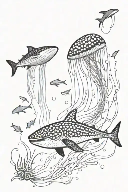 Jellyfish Swimming Alongside A Whale Shark