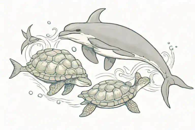Dolphin And Turtle Swimming Together