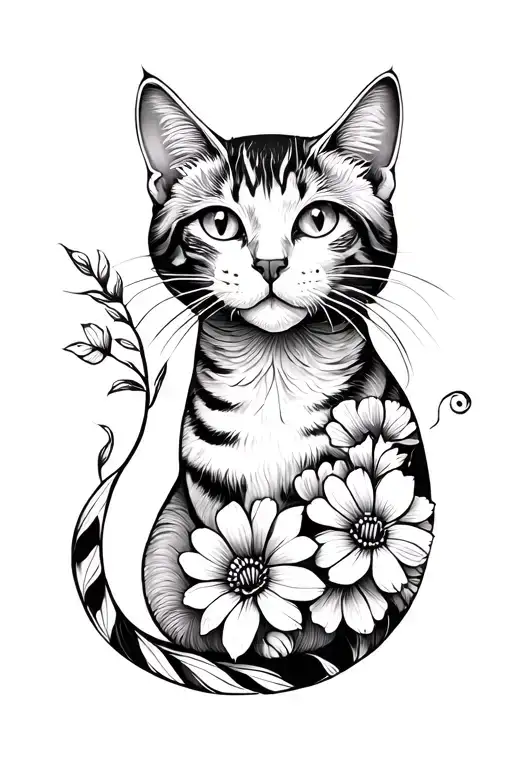 Wrap Around Ankle Tattoo - Cat And Flowers