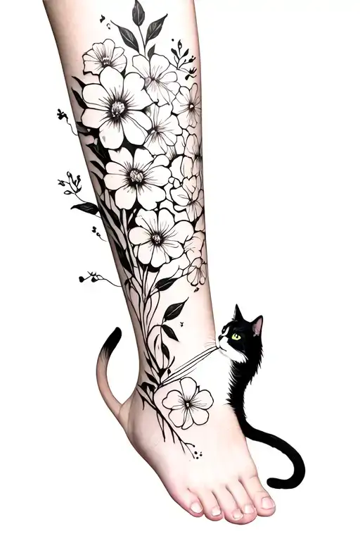 Wrap Around Ankle Tattoo - Flowers And Cat Playing